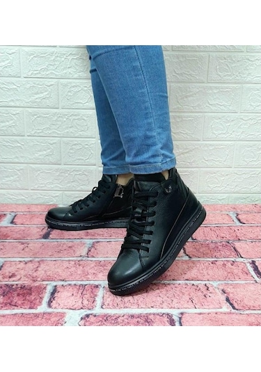 Voyager 8498 Siyah Hakiki Deri Kaymaz Taban Fermuarlı Bağacaklı B