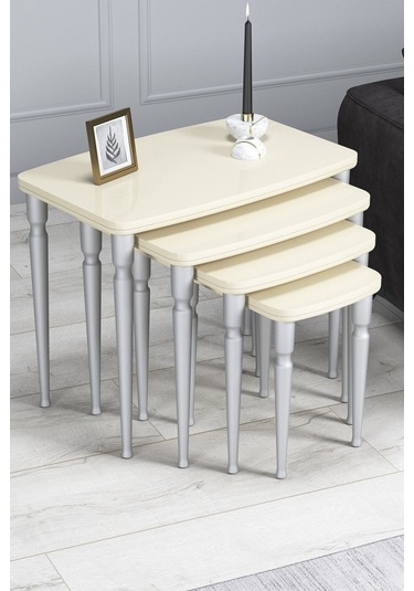 Imaj Mdf Ve Lake Boya, Krem 4lü Zigon Sehpa Takımı, Doğal Vernikli Gürgen Ayaklar Sehpalar Krem Ayaklar Gümüş