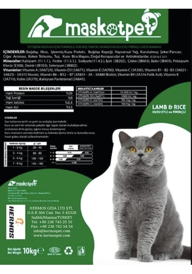 Maskot Kuzu Etli ve Pirinçli Yetişkin Kedi Maması 10 KG