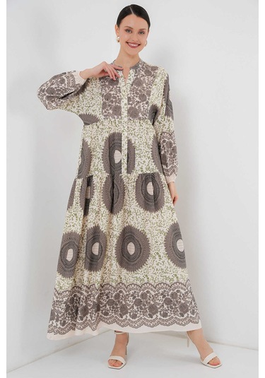 Gabria Ön Düğmeli Desenli Viskon Elbise Bej - Kahverengi