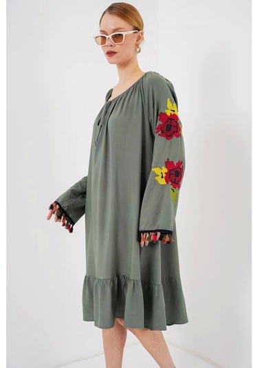 Nakışlı Midi Elbise 2531 - Haki Haki