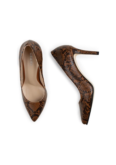 Deery Taba Rengi Yılan Desen Kadın Stiletto Taba