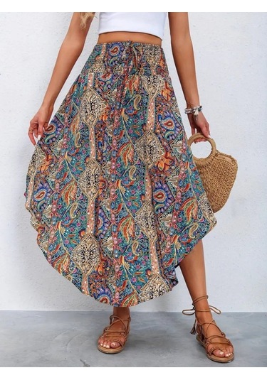 Kadın Beli Lastikli Bağcıklı Asimetrik Kesim Detaylı Desenli Bürümcük Etek Desenli