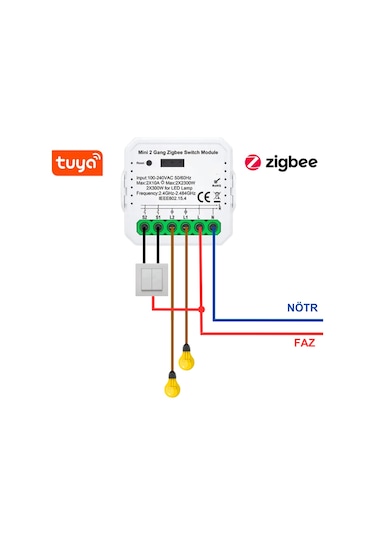 Tuya Uyumlu Zigbee Çift Çıkışlı Akıllı Anahtar 10A - 220V Röle