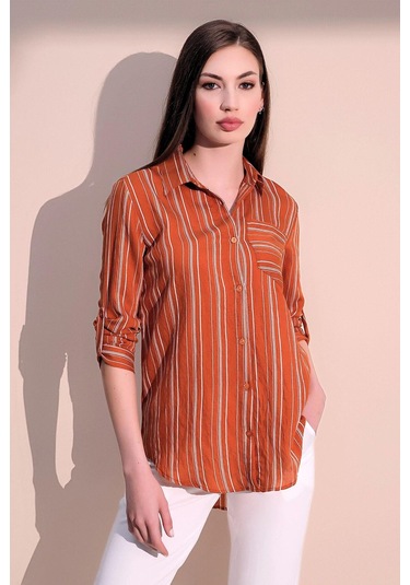 Kadın Kiremit Uzun Kol Özel Kumaş Tek Cep Gömlek Dik Çizgili Arkası Uzun Basic Kesim Gömlek Kiremit