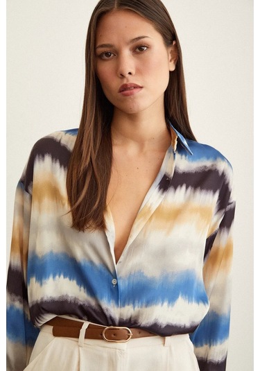 Kadın Uzun Kol Sulu Boya Desenli Renkli Pamuk Saten Premium Kalite Spor Şık Gömlek Mavi