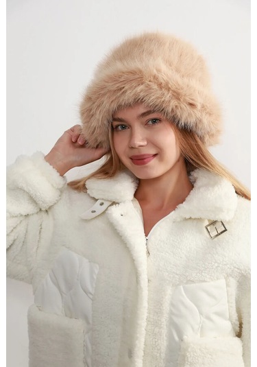 Kadın Kürklü Bucket Kalpak Şapka Rkş-15 Camel Camel