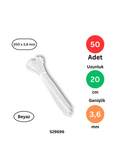 Plastik Kablo Bağı Klipsi Cırt Kelepçe 200 X 3.6 Beyaz 50 Adet Beyaz