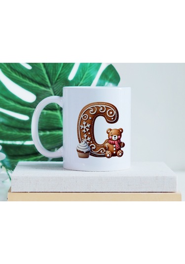 C Kurabiye Harf Ve Ayıcık Detaylı Kupa Bardak - Yeni Yıl / Yılbaşı Temalı Tasarım - Noel Hediye Beyaz