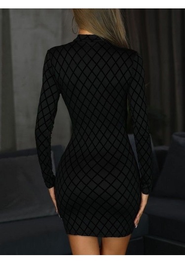 Kadın Uzun Kollu Damla Detay Flok Baskı Dalgıç Mini Elbise Siyah