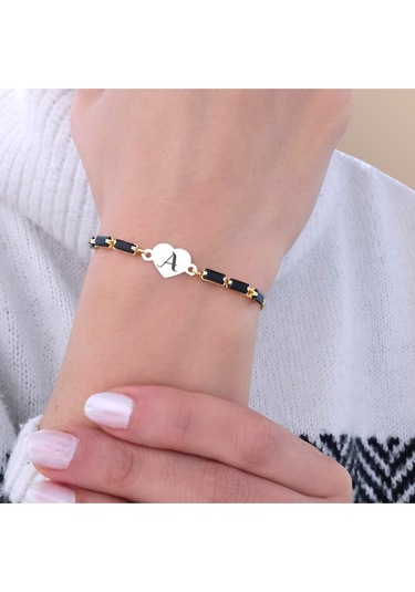 Archin A Harfine Özel Kalp Figürlü Siyah Taş Desenli 14 Ayar Altın Plakalı Hediye Bileklik-351harf A