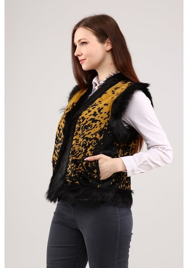 Leatinn Sarı Kadın Desenli Deri Yelek Çok Renkli