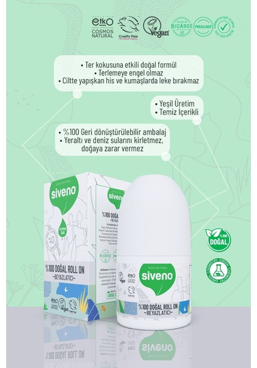 Siveno %100 Doğal Roll On Beyazlatıcı Etkili Deodorant Ter Kokusu Önleyici Bitkisel Leke Bırakmayan Vegan 50 ML