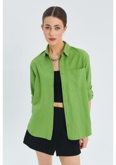 9942 Kadın Oxford Uzun Kol Basic Gömlek Fıstık Yeşili Fıstık Yeşili