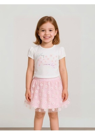 Kız Çocuk Çiçek Desenli Etekli Takım-15821 Çok Renkli