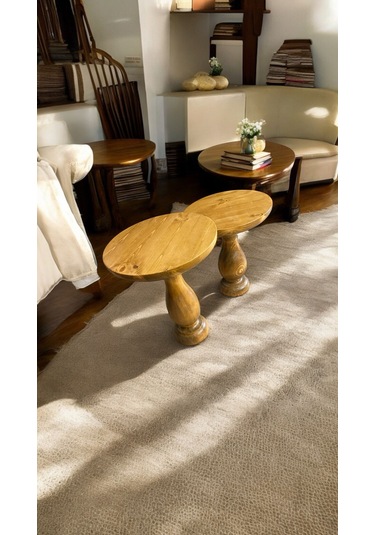 Wood Ahşap 2'li Set Konik Model Mantar Yan Sehpa Meşe Renk