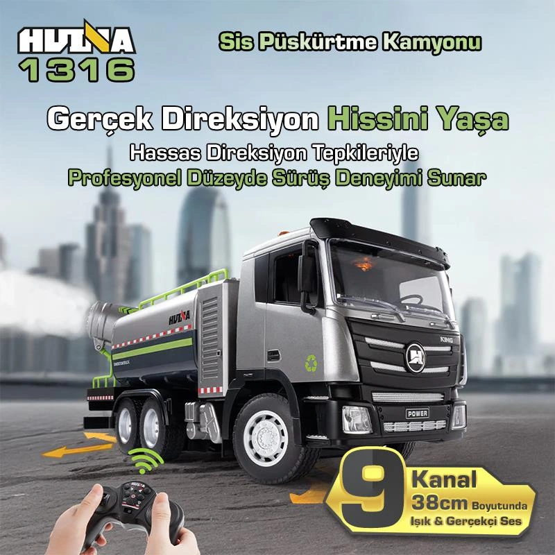 Huına 1316 1/18 Rc Sis Püskürtme Kamyonu İş Makinesi Uzaktan Kumandalı Rc Model - 2.4ghz Gerçekçi Similasyon Ses Ve Işık Sistemi