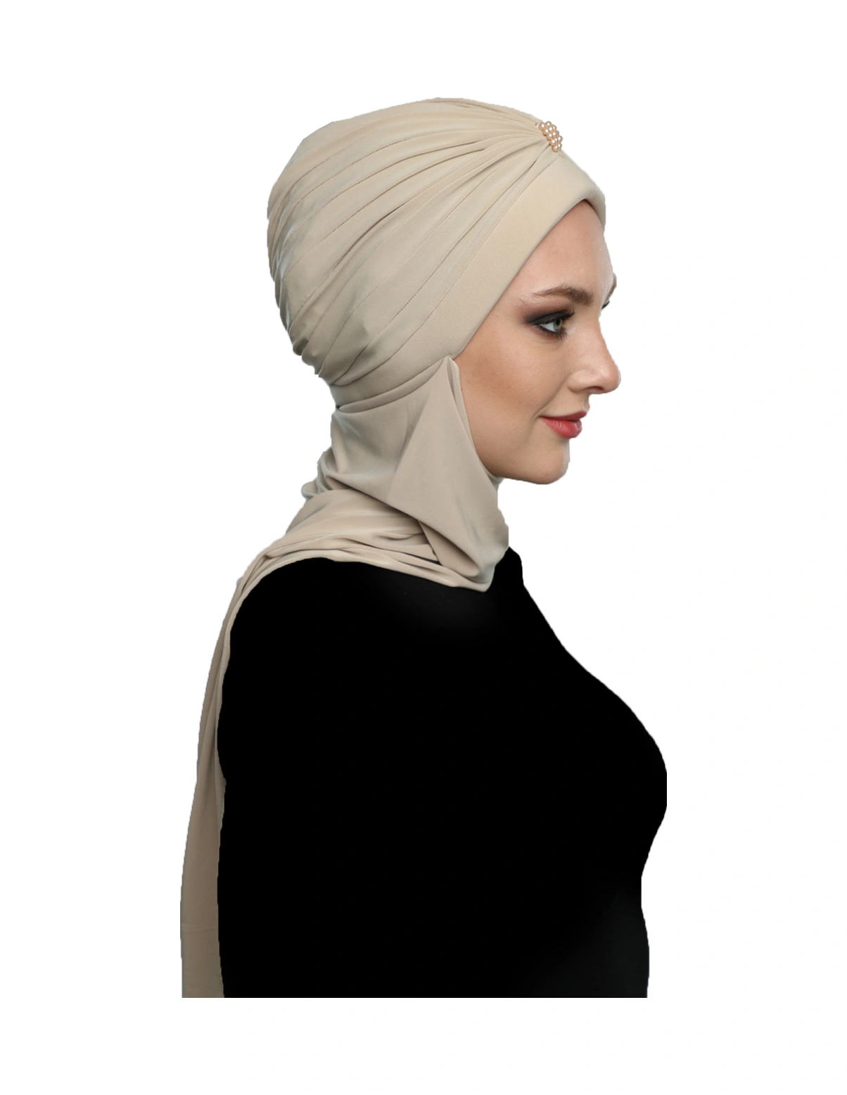 Incili Atkılı El Işi Inci Işlemeli Bej Hazır Türban Tesettür Bone Bej
