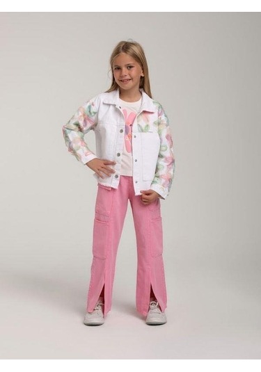 Kız Çocuk Tasarım Çiçekli Kot Ceket-15577 Beyaz