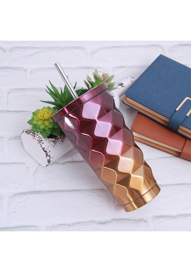 Kosona 500ml Mor Gradyan Diamond Desenli 304 Paslanmaz Çelik Vakumlu Isı Saklama Bardak, Pipet Ve Kapaklı, Ofis/seyahat İçin Diğer