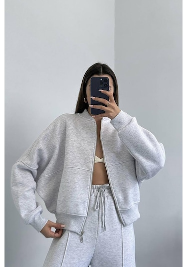 Dip Moda Kadın Pamuklu Kışlık Sweat Pantlon Eşofman Takımı Dpgts018 GRİ MELANJ