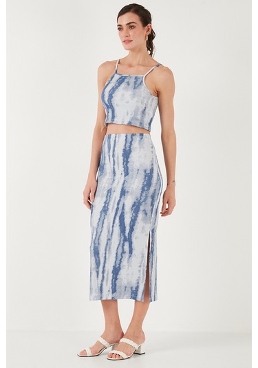 Lela Slim Fit Ip Askılı Yırtmaçlı Midi Alt-Üst Bayan Takım 5869021 Indigo