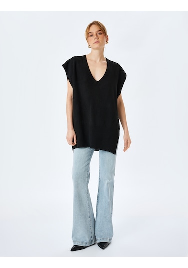 Koton Yanları Yırtmaçlı V Yaka Oversize Süveter Siyah 5wak20078ht Siyah