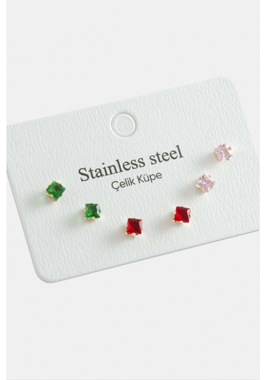 6 Adet Kare Zirkon Tek Taşlı Çelik Küpe 0396 Altın