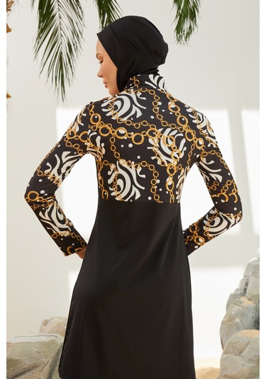 Likralı Tam Kapalı Tesettür Mayo Deniz Mayosu T2123-24 Siyah