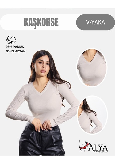 Pamuklu Kaşkorse V Yaka Body Sweatshirt, Fitilli Kumaş Likralı Bluz, Asker Yeşili Badi Ekru