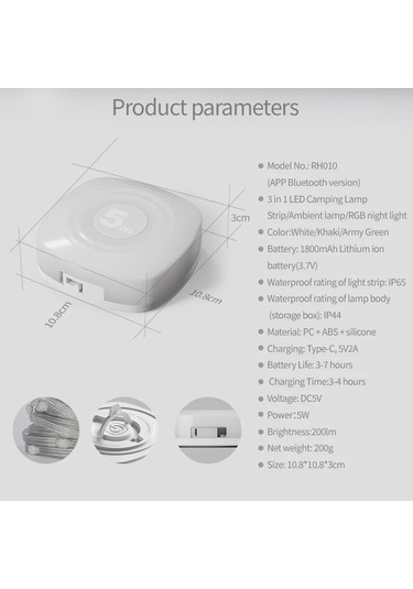 Sones 5m Rgb Kamp Işık Dizisi Led Ortam Gece Işığı Akıllı App Kontrolü Taşınabilir Açık Çadır Dekoratif Lambası Beyaz Çok Renkli