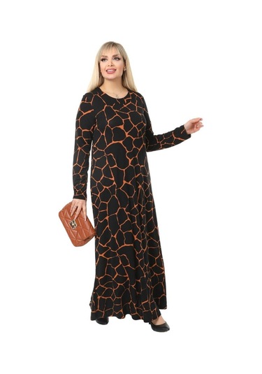 Melsay Butik Siyah Taş Desen Kollu Kadın Uzun Tesettür Elbise Siyah