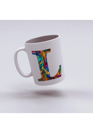 L Harfi Bardak 330 Ml İsme/harfe Özel Hediye, Renkli Harf Tasarım Beyaz