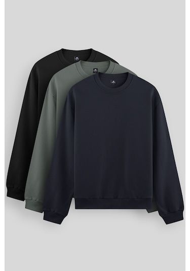 Standart Fit Basic O Yaka 3lü Paket Siyah-lacivert-çağla Erkek Sweatshirt 88053 Siyah-lacivert-çağla