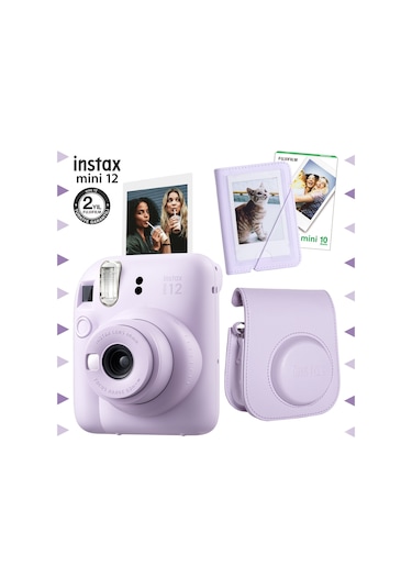 Fujifilm Instax Mini 12 Fotoğraf Makinesi + 10'lu Film + Mini Albüm + Deri Kılıf Seti Lila