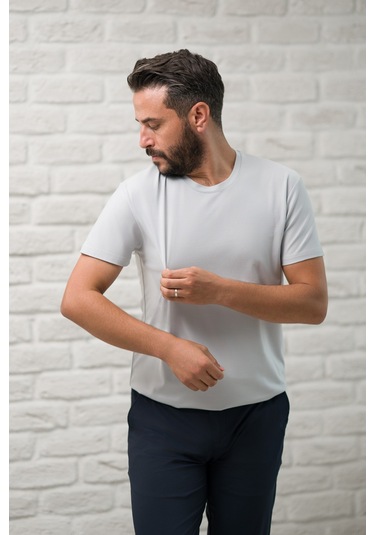 Paul Martin Slimfit Fit Bisiklet Yaka Rayon Kumaş Full Likralı T-shirt Gri