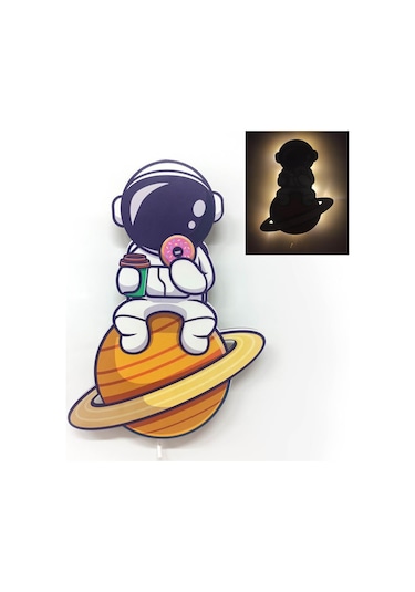 CajuArt Astronot Donut Ahşap Led Işıklı Çocuk Odası Duvar Tablosu