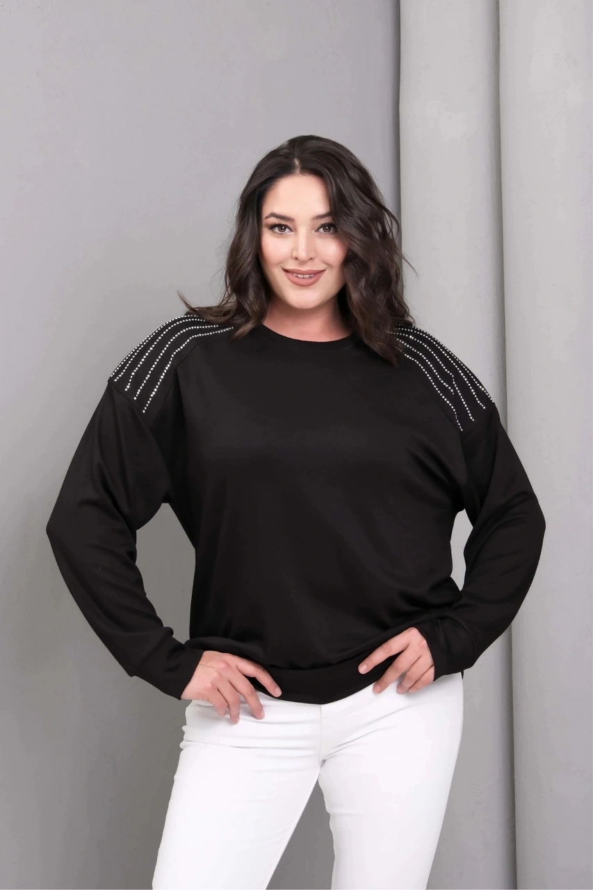 Omuzlar Taş Baskılı Sweatshirt Siyah