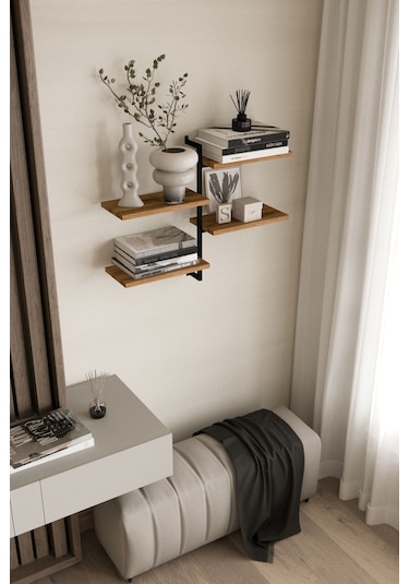 Aju 4 Katlı Duvar Rafı Metal Çerçeveli Dekoratif Kitaplık Ve Raf Ünitesi Modern Ve Minimalist Tasarımm Siyah