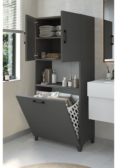 Çok Amaçlı Dolap Banyo Dolabı Kirli Çamaşır Sepeti Dolabı Damla Antrasit