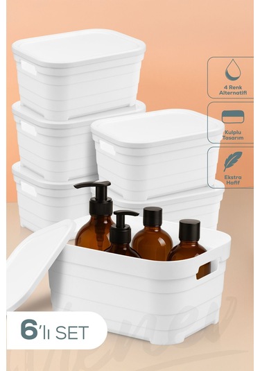 Vienev 6'lı Kapaklı 3,8 Litre Saklama Kutusu Beyaz Beyaz