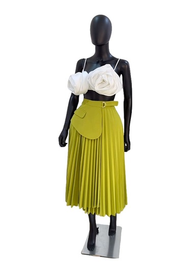 Kadınlar İçin Pileli Etekli Yüksek Bel Düzensiz Bağcıklı A Kesim Etek Yeşil