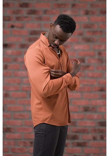 Advante İnce Fitilli Full Likralı Yaka Düğmeli Mevsimlik Slimfit Gömlek kiremit