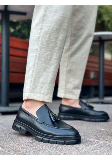 Pabucmarketi Püsküllü Erkek Casual Ayakkabı Siyah Siyah Taban Çok Renkli