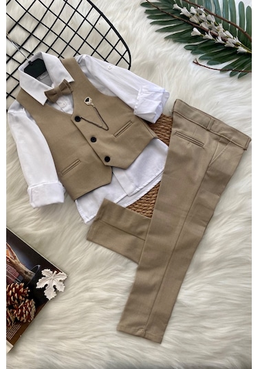 Zincirli Üç Düğme Erkek Çocuk Takım Elbise Bej