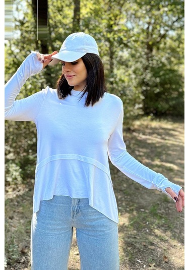 Kadın Beyaz Elleri Eldiven Detaylı, Asimetrik Kesim, Bisiklet Yaka, Eteği Pliseli, Salaş Spor Bluz Beyaz