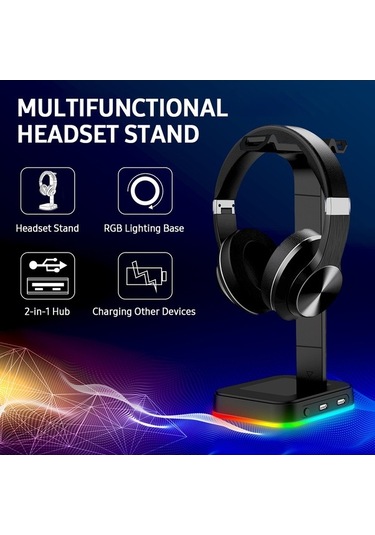 Pazly Rgb Bilgisayar Standı Kulaklık Tutucu, 2'li Hub, Usb Şarj, Çıkarılabilir Askılı, Oyuncu Kulaklık