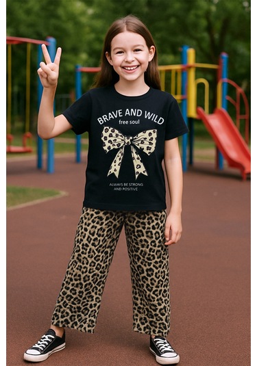 Kız Çocuk Yazlık İkili Takım Leopar Baskılı B46 Siyah