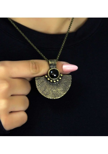 Doğal Taş Oniks Doğal Taşlı Desenli Otantik Kadın Kolye 45 Cm Zincirli Euk26o Siyah