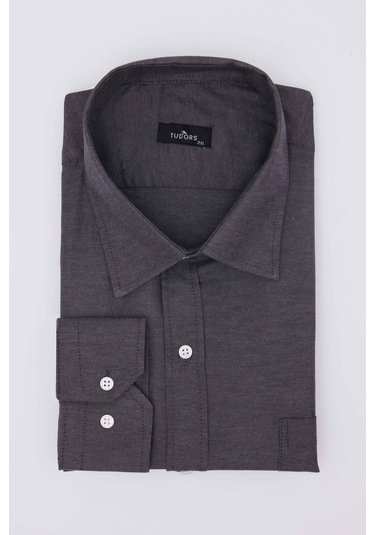 Tudors Büyük Beden Uzun Kollu Kolay Ütü Kravatlık Armürlü Pamuklu Gri Erkek Gömlek-31271-gri
